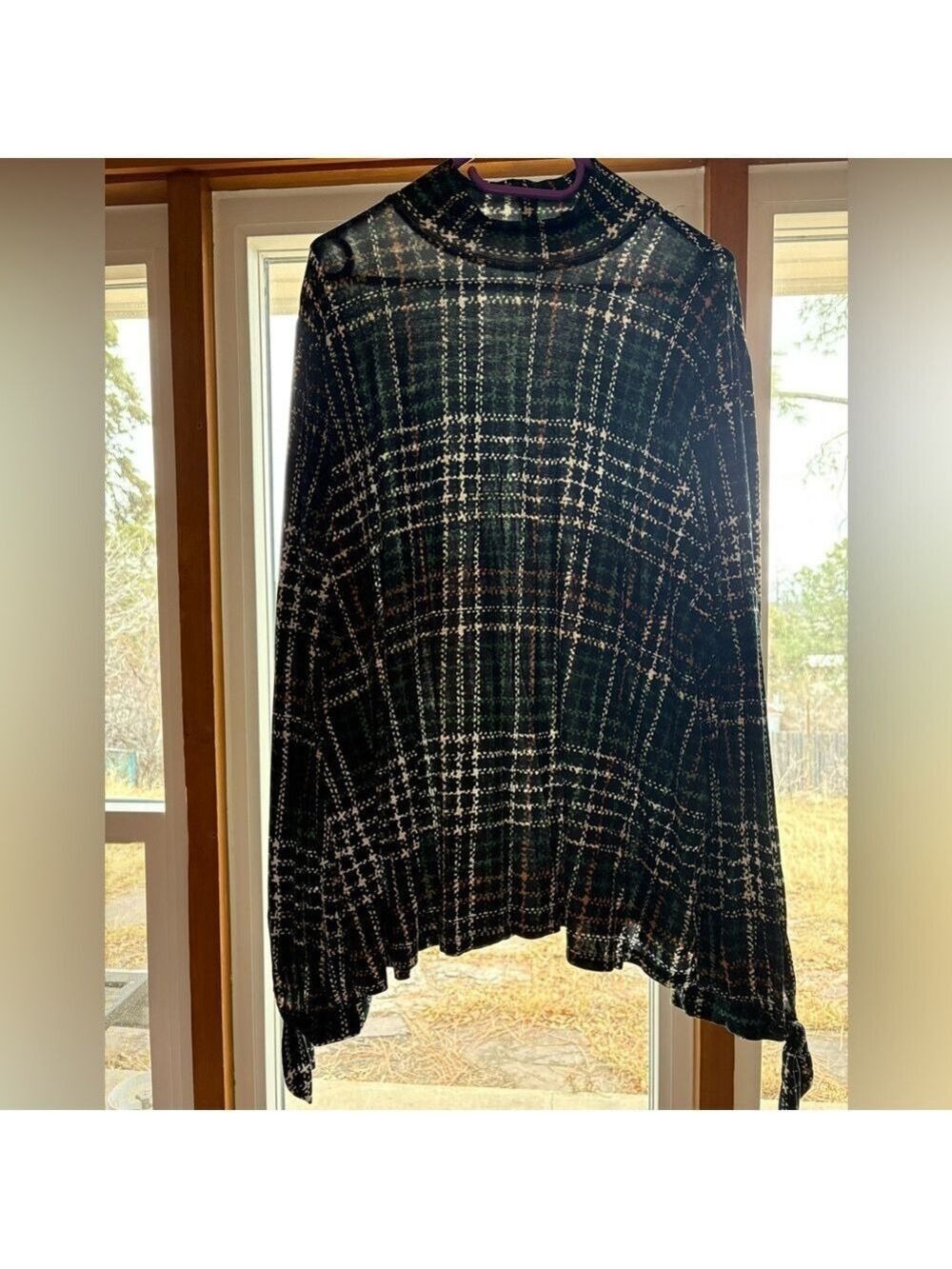 Plaid Mock Neck Tunic Top in Black and Green